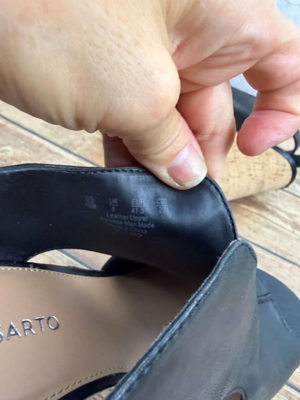 Franco Sarto Women’s Black Leather Peep Toe Cork Wedge Sandals Ankle Strap 10